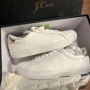 J.CREW Mirror Metallic Tab Saturday Leather Sneakers Shoes White Gold